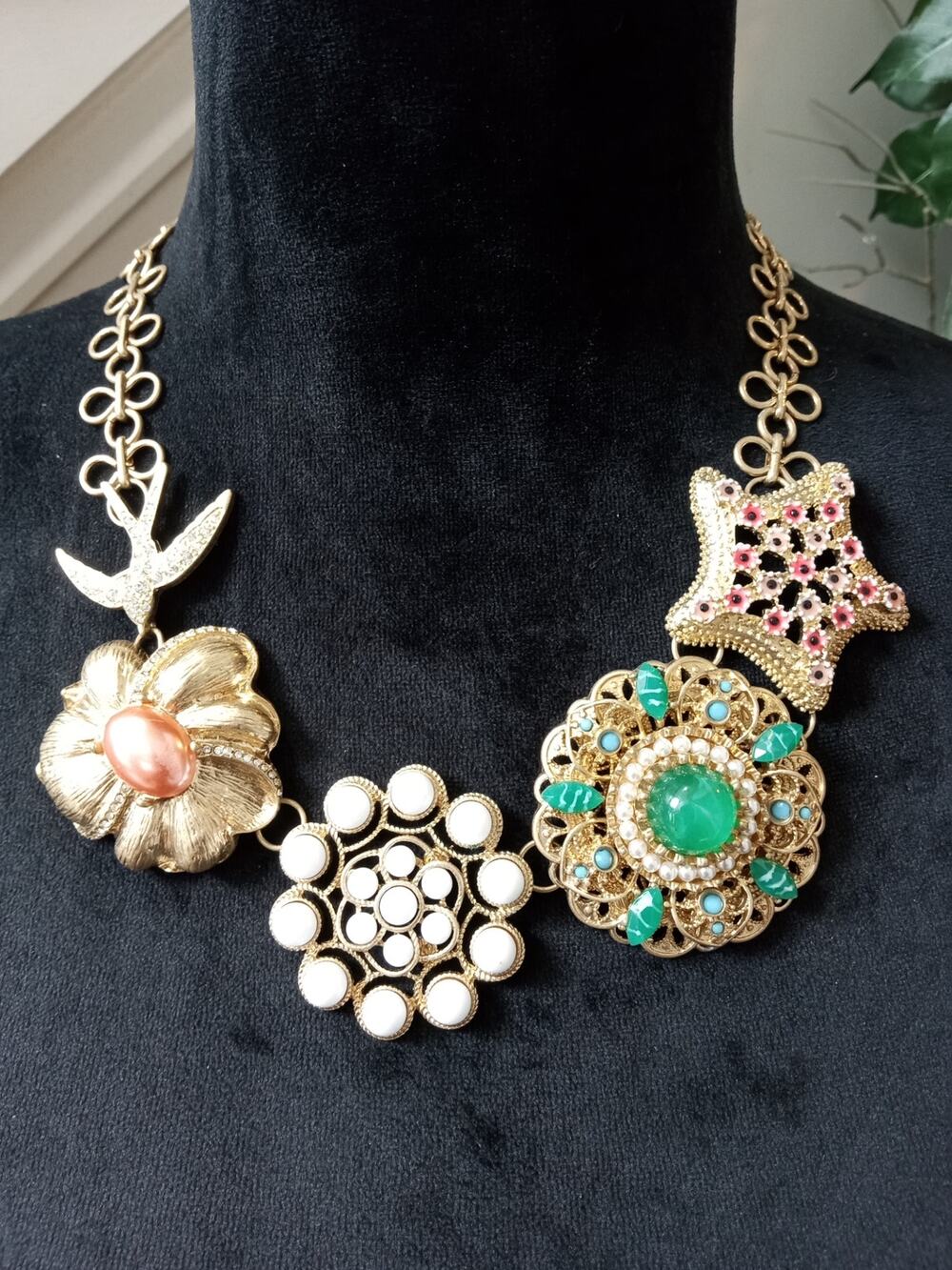 Gold Tone Floral Charm Statement Necklace Green Crystal White Enamel Necklace